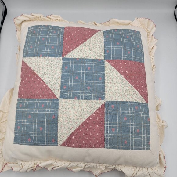 Vintage Quilted 90s 80s Throw Pillow Cottagecore Patchwork Design In Blue/Pink - Picture 3 of 13